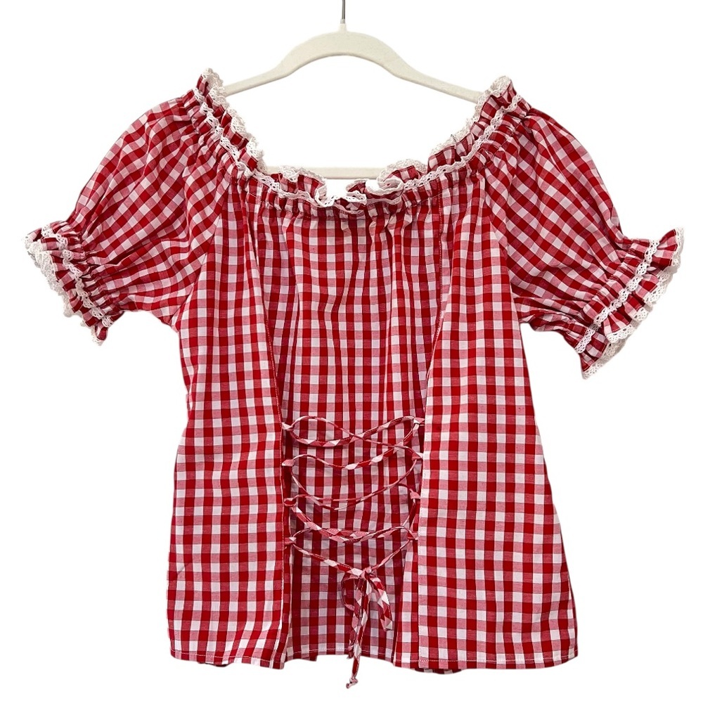 Fuchs Red and White Gingham Crochet Trim Lace-Up Back Off Shoulder Peasant Top - Picture 5 of 12
